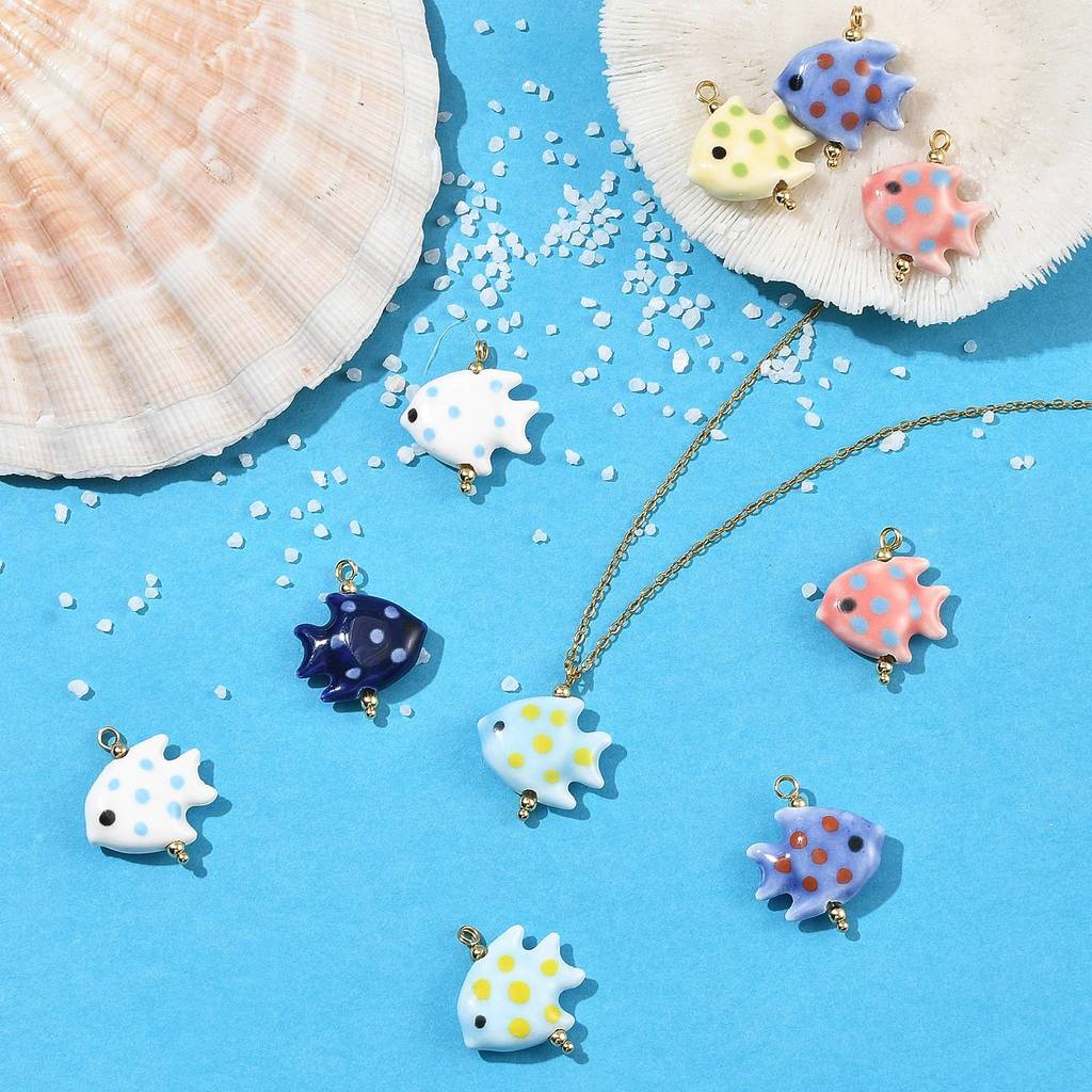 10pcs Handmade Porcelain Pendants with Stainless Steel Findings